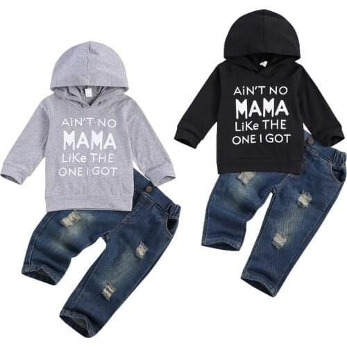 FOCUSNORM 0-3Y Autumn Casual Baby Boys Clothes Sets Letter Long Sleeve Hooded Tops Denim Pants 2pcs