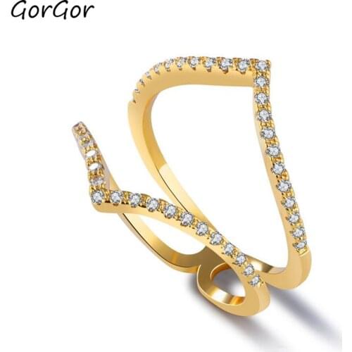 GorGor The New Rings Women Copper Gilded Pattern Double V-shape Mosaic Zirconia Simplicity Individuality Fashion Accessories 059