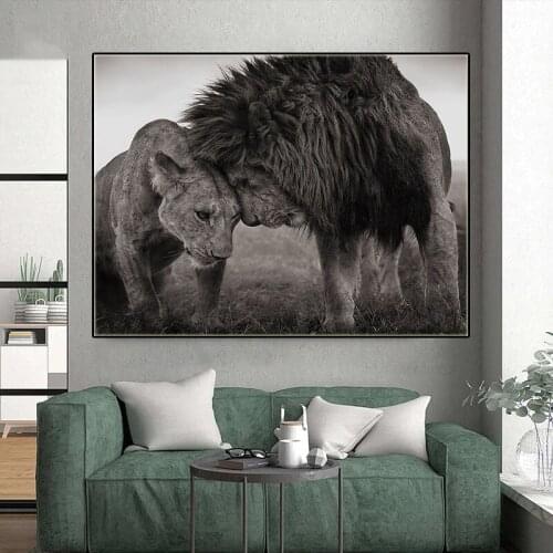 Love Kiss Between Lions Black & White Posters Canvas Art Painting Prints Scandinavian Wall Art Picture for Living Room Decor