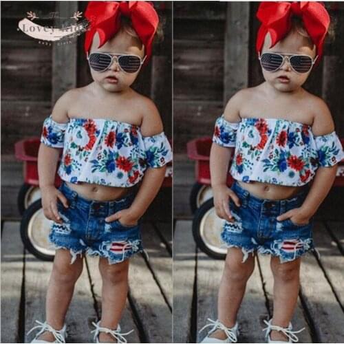 2021 Baby Girl Outfit Two Piece Set Off Shoulder Floral Tops Denim Hole Design Shorts Pants Toddler Clothes