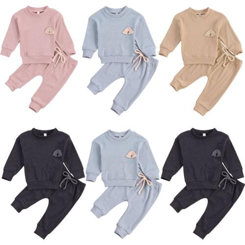 Baby Boy Girl Solid Color Clothes Set Casual Long Sleeve O-neck Tops T-shirts+Drawstring Waist Long Pants 2pcs Outfits