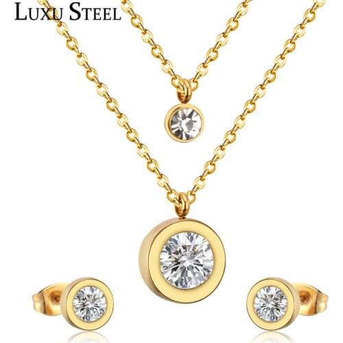 LUXUSTEEL Cubic Zirconia Jewelry Sets Stainless Steel Double Round Pendant Necklace Earring Sets Female Chain Jewelry Bijoux