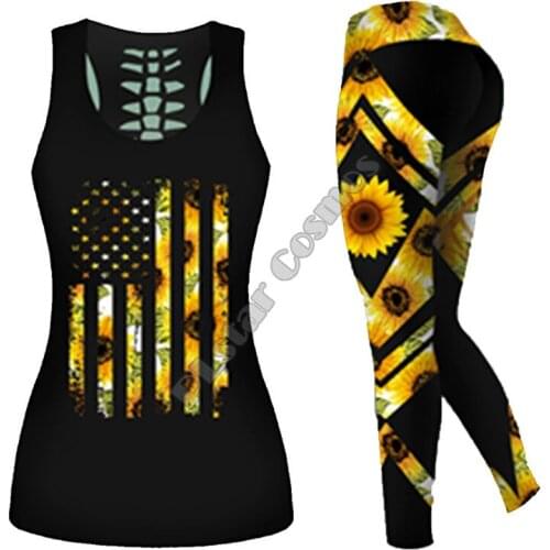 Sunflower 3D Printed Hollow Out Tank Legging Suit sexy Yoga Fitness Soft Legging Summer Women For Girl