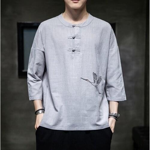 Summer 2021 Crane Embroidery Tops Traditional Chinese Clothing For Men Vintage Linen Shirts Harajuku T Shirt Tang Suit 30284