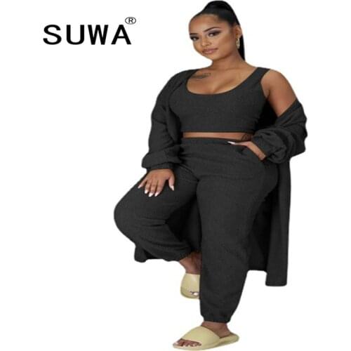 2021 Hot Recommend Style All Knitted 2 Piece Set Women Long Sleeve Coats Top + Crop Tank + Baggy Pants Casual Homer Wear