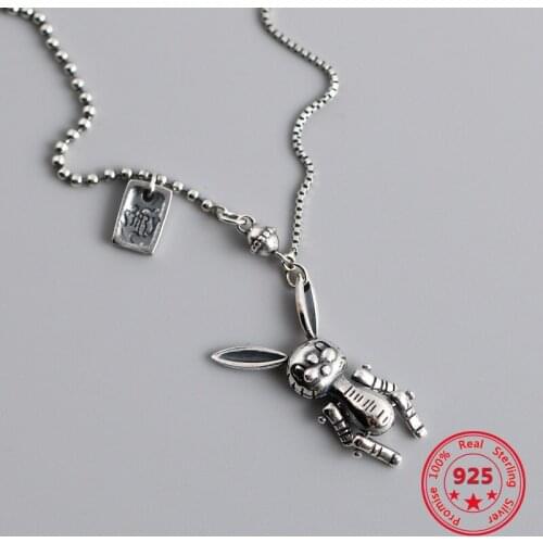 BITWBI Korea Hot Selling 100%%925 Sterling Silver Necklace Bunny Movable Pendant Retro Style Trend Net Red Style Jewelry