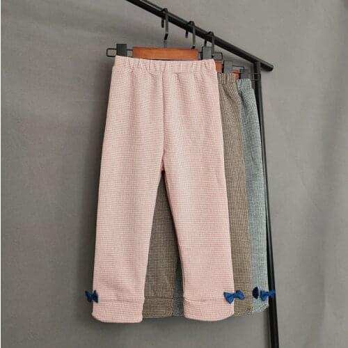 Sweet Baby Girls Houndstooth Pants Spring Autumn Kids Girls High Waist Bow Leggings Children Cotton Elastic Waist Trousers