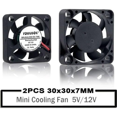 2Pcs YOUNUON 30mm 3cm 5V 12V 30mmx30mmx7mm 2Pin DC Brushless Mini Cooler Cooling Fan