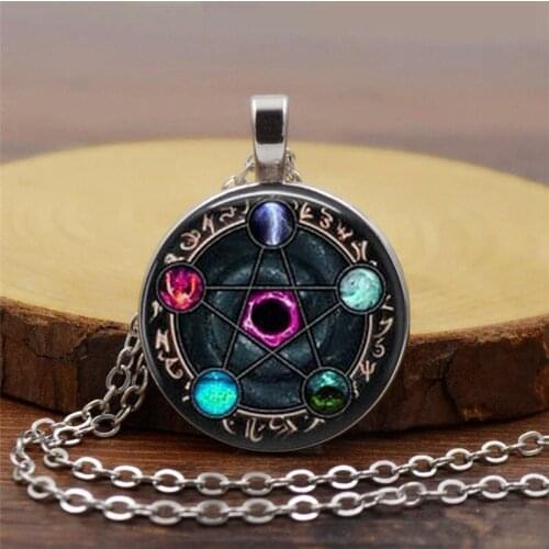 1pc Steam Punk Fashion Necklace Black Magic Pagan Pentagram Pendant Chain Round Glass Dome Art Necklace For Women Men Jewelry