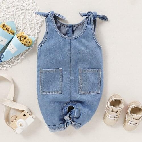 2021 New Baby Girl Clothes Shoulder Bandage Jeans Pocket Deco Cute Kids Girls Top Denim Overalls Newborn Jumpsuit Kid Clothing
