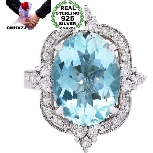 OMHXZJ Wholesale European Fashion Woman Man Party Wedding Gift White Blue Square AAA Zircon 925 Sterling Silver Ring RR66