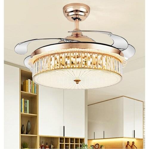 42" Led Invisible Ceiling Fans with Light Decorative Retractable Blade Modern Folding Fan Lamp Remote Control Hanging Lights Hom