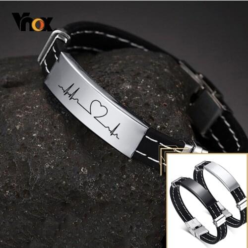 Vnox Casual 12mm Customize Bracelets for Men Black Sewed Silicone Band with Stainless Steel ID Tag Casual Male Bangle Wristband