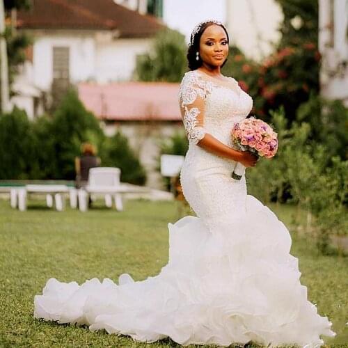 Beaded Mermaid Wedding Dresses Cascading Ruffles Skirt Long Train African Bridal Gowns Jewel Neck Appliques Lace Half Sleeve