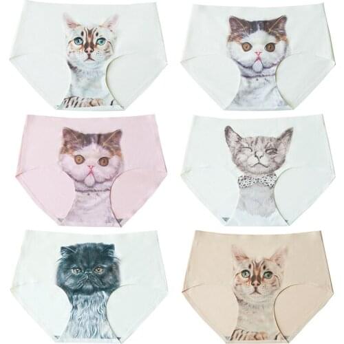 Panties Women Cat Underwear Ice Silk Seamless Anti Emptied Meow Star People Print Realistic Pussy Female Cat Briefs