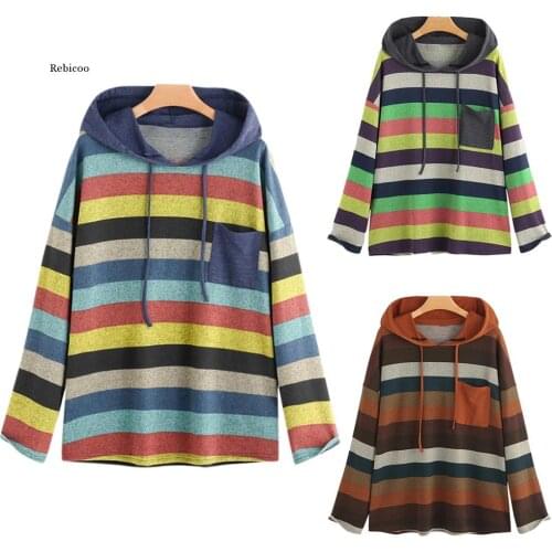 Women Casual Baggy T-shirt Casual Long Sleeve Striped Drawstring Hooded Fashion Tops Ladies Pullover Hoodie Tops