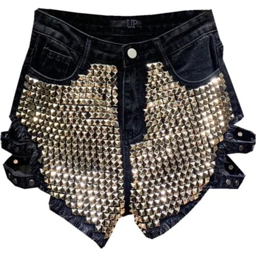 Rivet sequined denim shorts summer fashion women high waist loose tassel jeans short