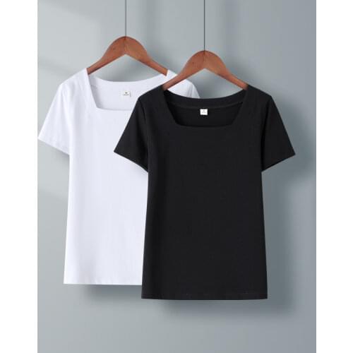 Women Soft Cotton T-shirt Square Collar Solid color Lady Tees Short Sleeve Summer Womens clothings All match Female T-shirts