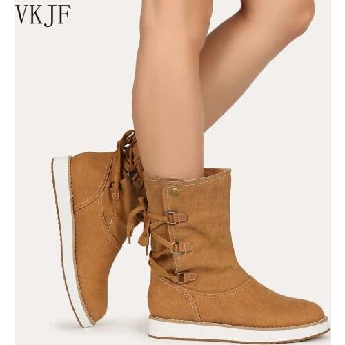 2021 Women Snow Boots For Woman Winter Fur Plush Lace Up Boots Female Flat Big Size Footwear Warm Boots PU Leather Womens Shoes