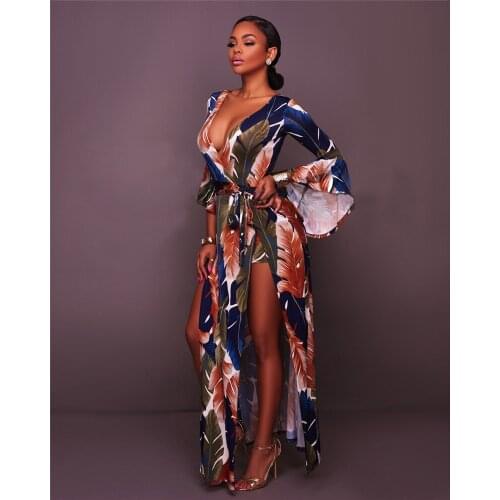Doyerl Red Leaf Print Long Sleeve Maxi Dress Autumn 2017 Fashion Women Sexy V-Neck Split Ankle-Length Long Dresses with Bow Belt