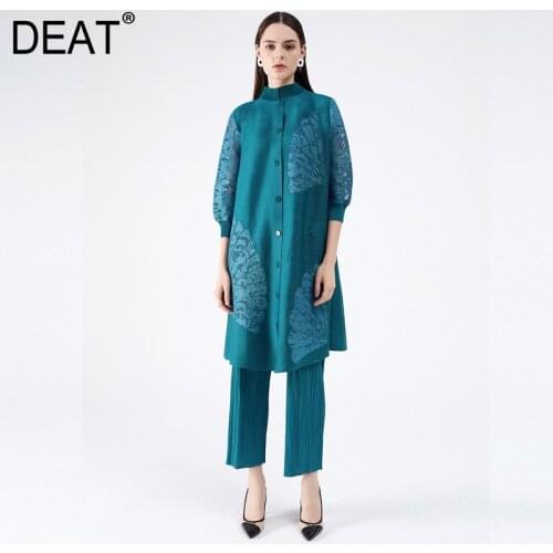 DEAT 2021 Pleated Shirt Dress Women Stand Collar Hot Drill Floral Vintage Elegant Seven Sleeve Loose Autumn Fashion AM541