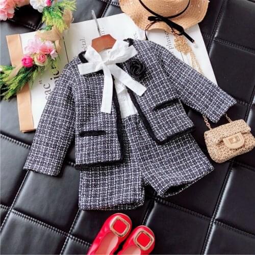 2020 girls winter clothing set long-sleeved plaid cardigan + shorts suit blazer clothes set kids children coat skirt set autumn