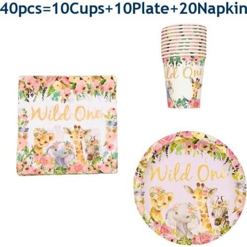 40/60pcs Pink Wild One Birthday Party Supplies Safari Jungle Animal Birthday Party Decorations Girls Cup Plates Party Sup plies