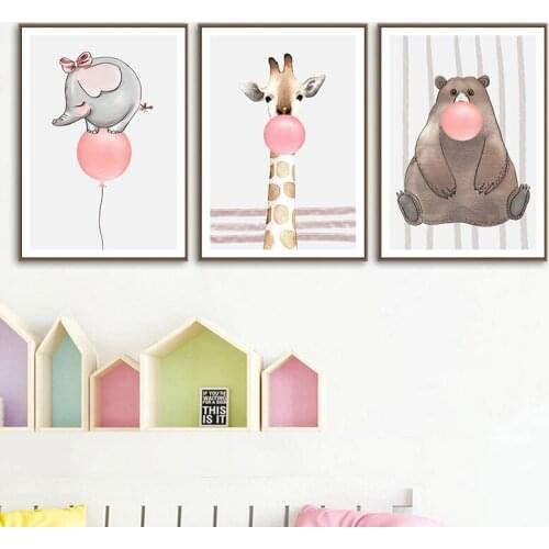 Cartoon Animal Pink Balloon Posters And Prints Nursery Baby Wall Art Canvas Paintings Children Bedroom Nordic Decoration Home