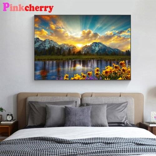 Diy diamond painting Sunset mountain river bank flower landscape picture embroidery diamond mosaic 5d cross stitch decor