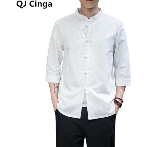White Cotton Linen Shirt Mens Summer Single Breasted Quarter Sleeve Shirts Black/Gray Camisa Plus Size S-4XL 5XL