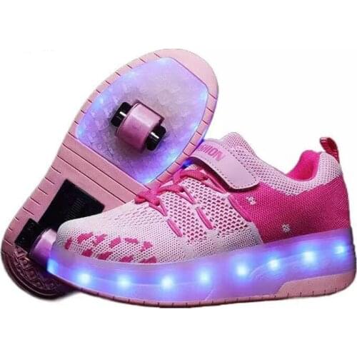 Children Two Wheels Luminous Glowing Sneakers Black Pink Led Light Roller Skate Shoes Kids Led Shoes Boys Girls USB Charging