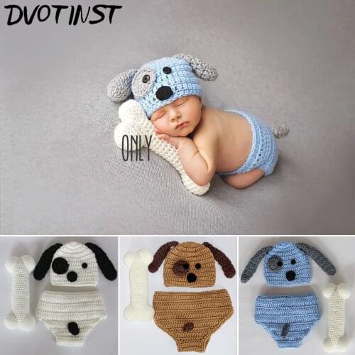 Baby Photography Props Crochet Knit Newborn Animals Dog Hat+Short+Bone Fotografia Accessories Infantil Studio Shoot Shower Gift