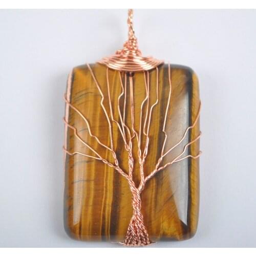 Tree of Life -Copper Wire Wrap Women Jewelry For Necklace Natural Golden Tiger Eye Bead Rectangle Pendant 1Pcs K2032