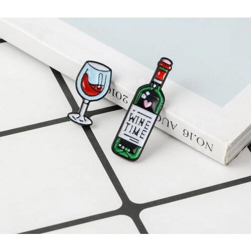 Wine Time Mini Cute Wine And Wine Glasses Couple Pins Red Wine Bottle cup Brooches Enamel Badge For Lovers Best Friend Jewelry