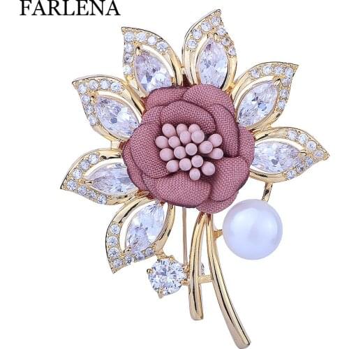 FARLENA Jewelry High-grade Fabric Flower Corsage with simulated pearl Fashion Zircon Crystal Brooches for Women Dress accessory