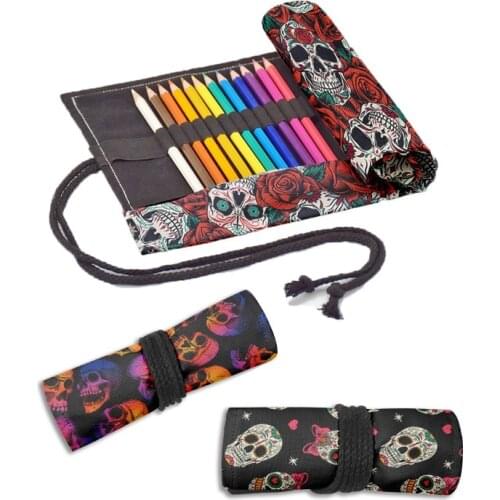 Skull Printed Student Canvas Storage Pen Bag 12/24/36/48/72 Holes Painting Arting Roll Pencil Case School Stationery Pen Bag