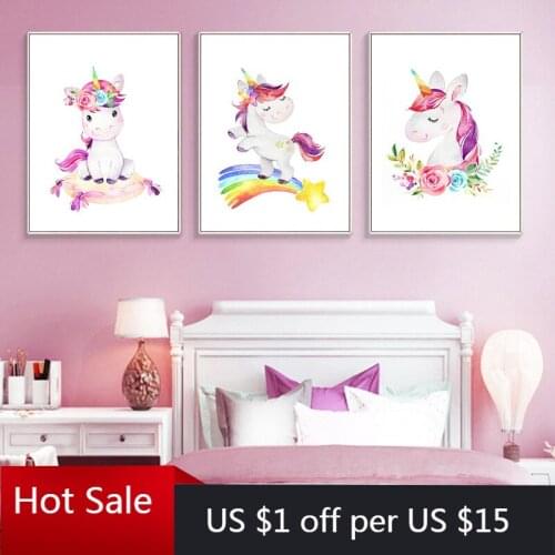 Canvas Painting Cartoon Rainbow Unicorn Nursery Nordic Print Art Wall Decor Pictures For Posters Baby Kids Room Decorative