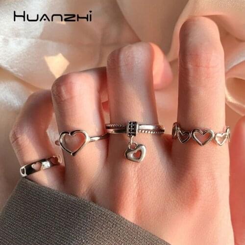 HUANZHI 2021 New Trendy Retro Hollow Heart Geometric Dangle Silver Color Simple Metal Rings for Women Girls Party Jewelry Gifts