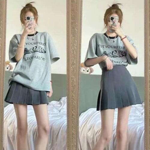 2021 New Girl Cute Print Short Sleeve + Solid Color Pleated Skirt Two-piece Suit Summer