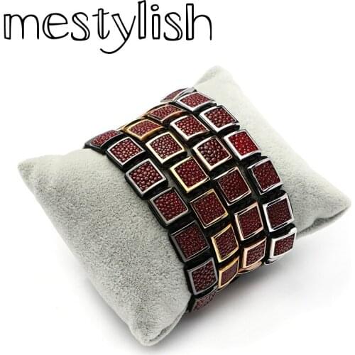 Mestylish Genuine Stingray Leather Bracelet Micro Pave Leather Square Beads Bracelet HandMade Braided Men Women Bracelet Jewelry