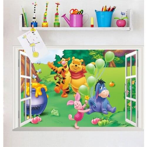 Cartoon 3d effect window Winnie The Pooh tiger Wall Stickers for kids rooms Mural For Kids Rooms Bedroom School Decal