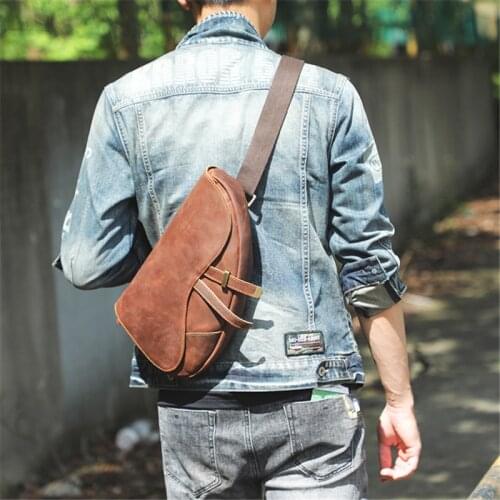 Retro fashion luxury natural real leather mens multifunctional chest bag outdoor daily cowhide single shoulder messenger bag