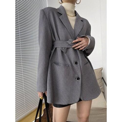 2021 spring and autumn new womens Fashion lace-up single-breasted suit jacket loose casual plaid blazers with three pockets