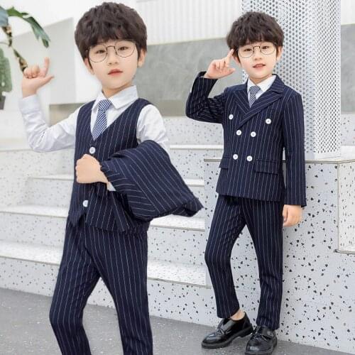 Autumn Spring Boy Kids Formal Suit Fashion Striped Vest Shirt Blazer Pants Tie 5pcs Set For Toddler Boy Baby Gentleman Suits