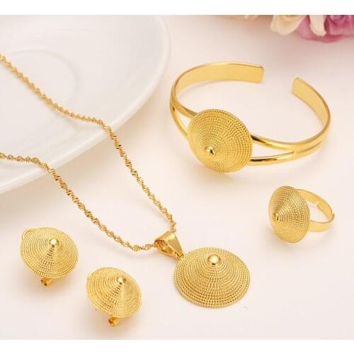 Necklace Pendants Earrings Ring Bangle Set 9 k Solid Fine Gold GF Eretrian African Abyssinia Ancient hat jewelry set