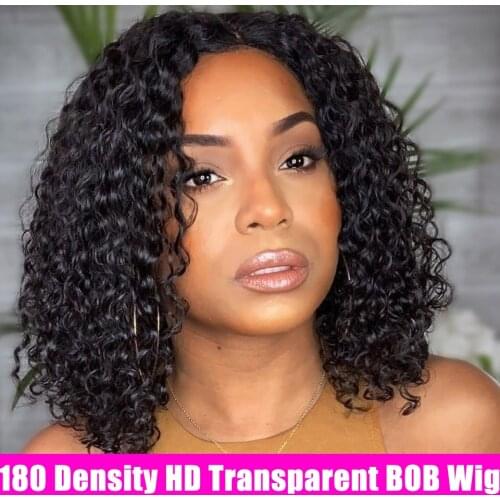 Bob Curly Human Hair Wigs 180 Density Kinky Curly Lace Frontal Wig HD Transparent Lace Bob Frontal Wigs 13x1Brazilian Hair Wigs