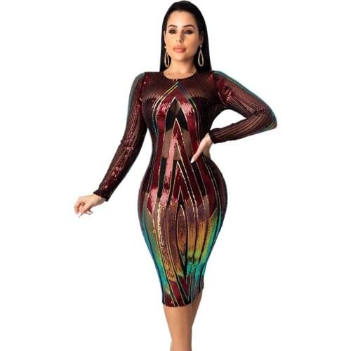 Sexy Sparkly Sequin Party Dresses Women O-neck Long Sleeve Sheath Knee-length Pencil Dress Elegant Chirstmas Sheer Bodycon Dress