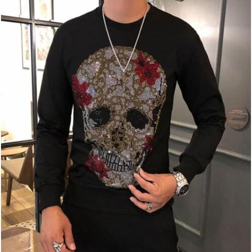 Rhinestones Men hoodies Winter Warm Mens Hot Drill Skulls Sweatershirt High quality Pullover Mens Clothing