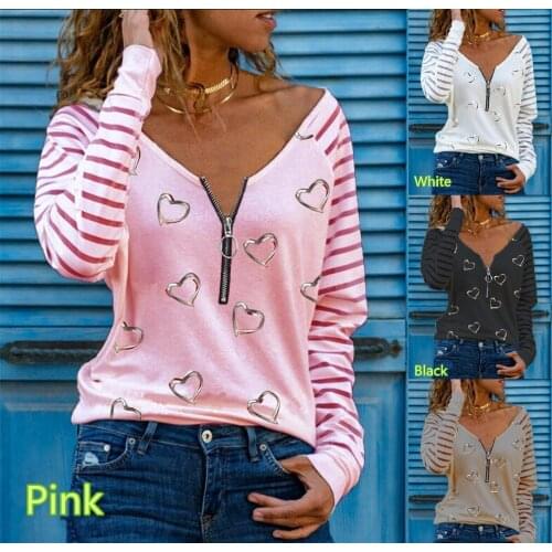 Summer T Shirt Women 2021 New Printing v-neck Zipper Loose long-sleeved T-shirt Woman Love Harajuku Tshirt YFF6356