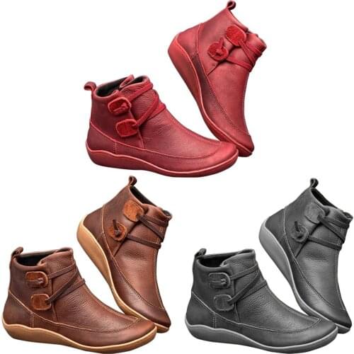 Winter 2019 New Arch Support Retro Women Boots Braided Strap Flat Heel Boots PU Leather Ankle Boots Vintage Women Rubber Shoes
